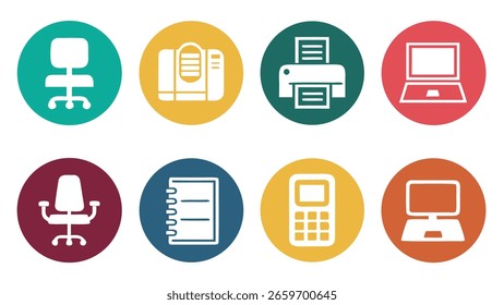 Conjunto de iconos de diseño que representan espacio de trabajo de oficina y Elementos de negocios
