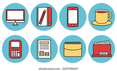 Conjunto de ícones de design que representam o espaço de trabalho do office e elementos de negócios