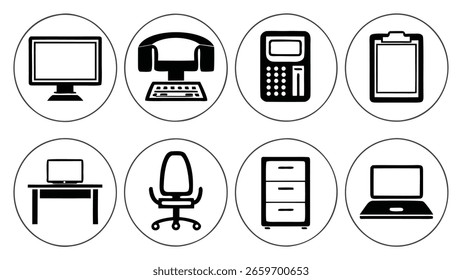Conjunto de iconos de diseño que representan espacio de trabajo de oficina y Elementos de negocios