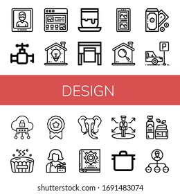 Conjunto de iconos de diseño. Tales como Arresto, Válvula, Artículo, Bombilla, Artesanía, Plotter, Galería, Buscar, Dinero, Estacionamiento, Nube, Bañera caliente, Medalla, Actriz, Elefante , iconos de diseño