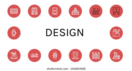 Set of design icons such as Bracelet, Jeans, Chicken breast, Lighthouse, Camping, Spotlight, Camera bag, Oil truck, Smartwatch, Mobile, Fences, Chess, Wristwatch, Bag , design