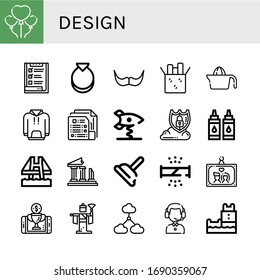 Set of design icons. Such as Love, List, Castanets, Moustache, Reuse, Juicer, Hoodie, Document, Spring swing rocket, Data protection, Ink, Bridge, Ruins, Plunger , design icons