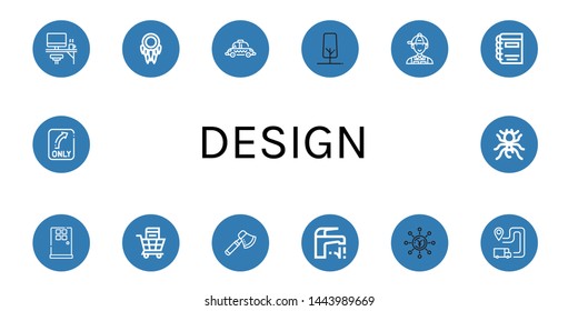 Set of design icons such as Office, Dreamcatcher, Taxi, Tree, Manager, Book, Door, Shopping cart, Axe, Faucet, Yen, Itinerary, Turn, Pheidole , design