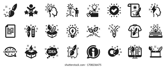 Conjunto de iconos lineales de Diseño, Idea e Inspiración. Iconos de pincel de creatividad. Imaginación, caja de Idea y diseño creativo. Pincel con lápiz de dibujo, pantalones T y fuera de la creatividad de la caja. Vector