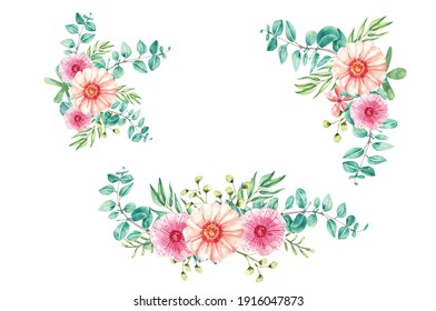 Set Design illustration frame corner watercolor leaf eucalyptus for wedding invitation design