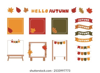 A set of design illustrations with the concept of the fall season. A set of fallen leaves, maple leaves, garlands, labels, frames, ribbons, panels, and boards.