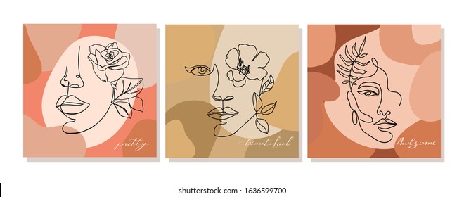 Set of design illustrations with one line continuous woman face and leaves. Abstract collage with geometric shapes. Design templates for social media stories, covers, postcard etc. Vector.