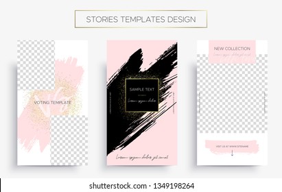 Set of design instagram templates for stories. Luxury style. Vector Illustration. Pack from three layouts. The pattern of voting, the new collection and universal ad, advertising, or sales.