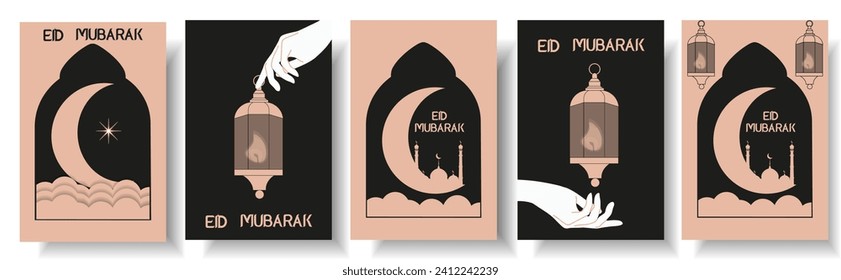 Set Design Islamic holiday Eid al Fitr  banner with silhouette of Mosque in trendy retro style. Islamic Mosque and crescent. Vector illustration can used web poster