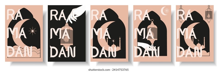 Diseñar la fiesta islámica RAMADAN banner con la silueta de la mezquita en un estilo retro de moda. Mezquita y media luna islámica. Ilustración vectorial puede ser utilizada en el afiche web