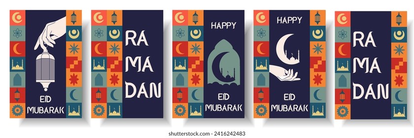 Set Design Islamic RAMADAN  banner in trendy Geometric retro style. Islamic Mosque and crescent. Vector illustration can used web poster