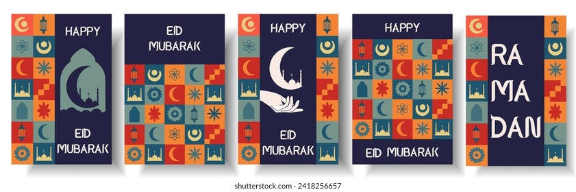 Set Design Islamic RAMADAN  banner in trendy Geometric retro style. Islamic Mosque and crescent. Vector illustration can used web poster