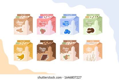 Set of design kawaii flavored vegetable milk with various tastes. Almond, strawberry, blueberry, coconut, chocolate, banana, hazelnut and oat milk. Editable vector illustration.