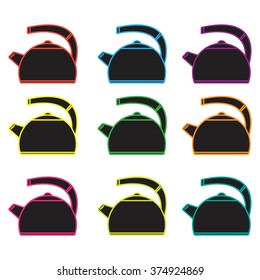 Set of design kettle silhouette with multicolor contour. Vector illustration