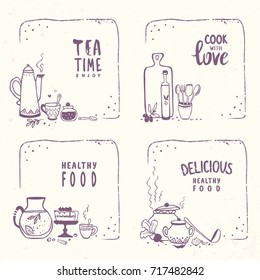 Set with design of kitchenware doodles with place for text. Vector illustration. Hand drawn sketch