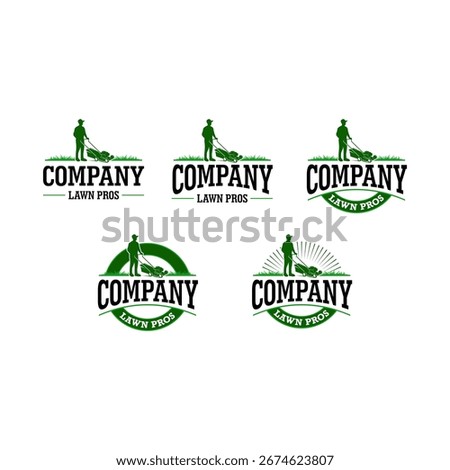 set design of lawn care logo. Lawn care company graphic illustration concept. Graphic illustration of a person holding a lawn mower.