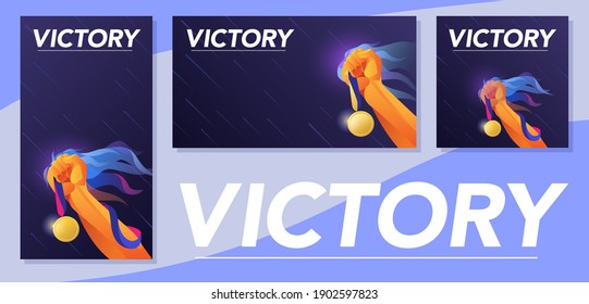 Set Design layout with symbol of victory hand with raised medal movement and energy. Diploma, diploma, illustration, brochure, advertising banner