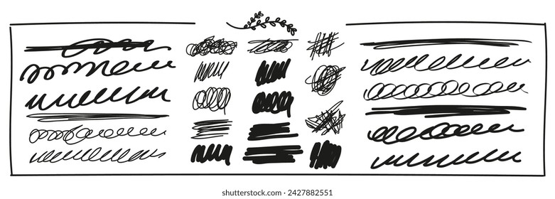 Set of design linear elements for highlighting text, notes, collages. Strikethrough, strikethrough lines of different pen thickness. Vector in the doodle style