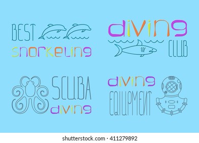 set of design logo scuba diving with diving suit, shark, octopus, dolphin, vector illustration, eps10