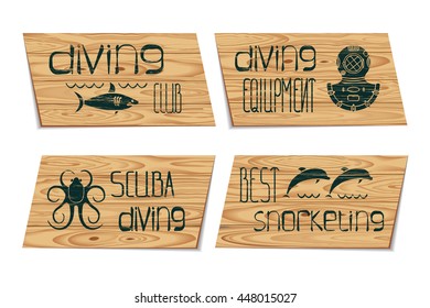 Set design logo scuba diving and snorkeling with octopus, shark, dolphin, helmet on signboard wood texture, vector illustration, eps10