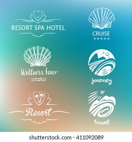 Set of design logo of subject travel and tourism. Hand drawn silhouettes. Beach vacation in the tropics, flight. Logo for advertising tourism companies, tour operators.