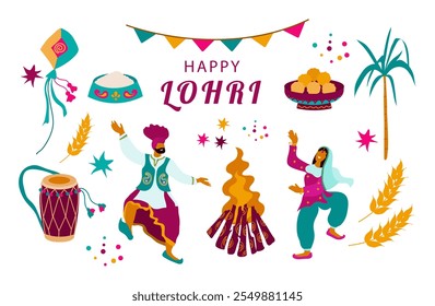 Set for design   Lohri festival. Traditional Indian festival.Dancing people, bonfire, kite, wheat, drums, sugar cane. Illustration  hand-drawn on white background