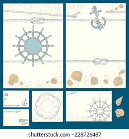 Set design in a marine style. Vector illustration. Wedding design, invitation cards