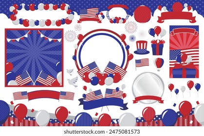 Set of design materials for celebrating American Independence Day_frames, flags, icons, logos, etc.	