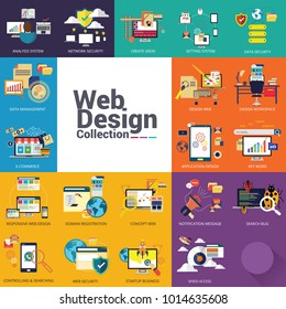 Set design and mobile web services and applications. Vector collection of concepts flat icons for web design, SEO, social media, e-commerce.