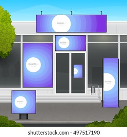 Set of design mockup storefront for shop or market facade. Template branding for outdoor advertising or corporate identity.