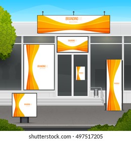 Set of design mockup storefront for shop or market facade. Template branding for outdoor advertising or corporate identity.