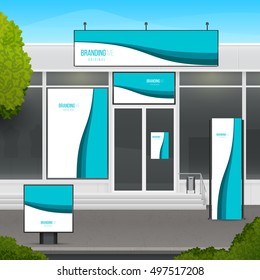 Set of design mockup storefront for shop or market facade. Template branding for outdoor advertising or corporate identity.