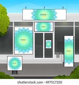 Set of design mockup storefront for shop or market facade. Template branding for outdoor advertising or corporate identity.