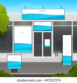 Set of design mockup storefront for shop or market facade. Template branding for outdoor advertising or corporate identity.