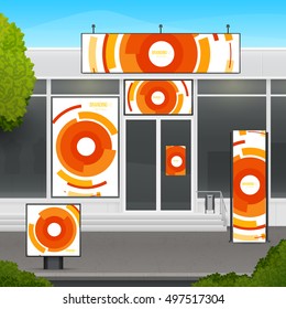 Set of design mockup storefront for shop or market facade. Template branding for outdoor advertising or corporate identity.