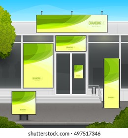 Set of design mockup storefront for shop or market facade. Template branding for outdoor advertising or corporate identity.