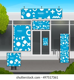 Set of design mockup storefront for shop or market facade. Template branding for outdoor advertising or corporate identity.