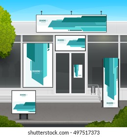 Set of design mockup storefront for shop or market facade. Template branding for outdoor advertising or corporate identity.