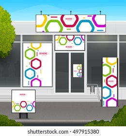 Set of design mockup storefront for shop or market facade. Template branding for outdoor advertising or corporate identity.