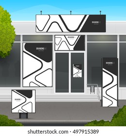 Set of design mockup storefront for shop or market facade. Template branding for outdoor advertising or corporate identity.