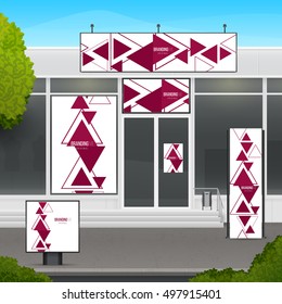 Set of design mockup storefront for shop or market facade. Template branding for outdoor advertising or corporate identity.
