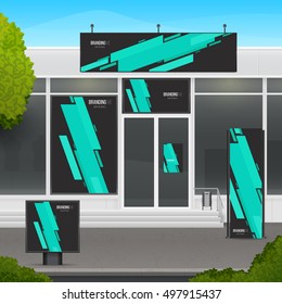 Set of design mockup storefront for shop or market facade. Template branding for outdoor advertising or corporate identity.
