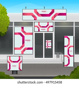 Set of design mockup storefront for shop or market facade. Template branding for outdoor advertising or corporate identity.