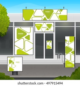 Set of design mockup storefront for shop or market facade. Template branding for outdoor advertising or corporate identity.