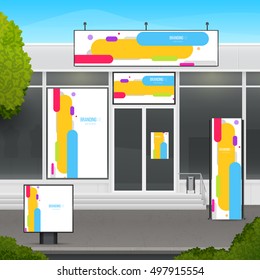 Set of design mockup storefront for shop or market facade. Template branding for outdoor advertising or corporate identity.