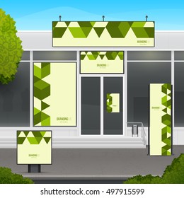 Set of design mockup storefront for shop or market facade. Template branding for outdoor advertising or corporate identity.