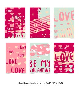 Set design modern hipster cards, label, decor, banner with the decor of pink, grunge stains, texture and ink. The pattern of hearts for Valentine's Day, romantic invitations. Vector.