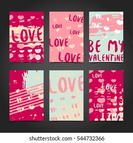 Set design modern hipster cards, label, decor, banner with the decor of pink, grunge stains, texture and ink. The pattern of hearts for Valentine's Day, romantic invitations. Vector.