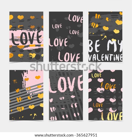 Set design modern hipster cards, label, decor, banner  with the decor of gold, grunge stains, texture and ink. The pattern of hearts for Valentine's Day, romantic invitations. Vector.