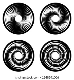 Set of design monochrome spiral movement illusion icons. Abstract design elements. Vector-art illustration